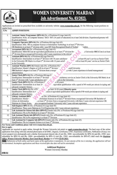 Latest Jobs 2023 in Women University Mardan for Clerks, Lab Assistants & Others