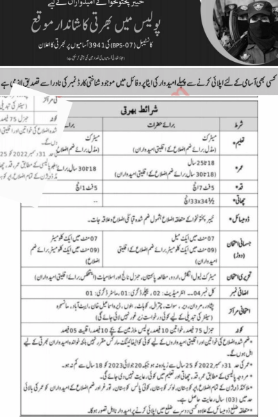 Constable BPS-07 Jobs in KPK Police 2023