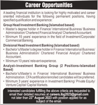 Latest Financial Institution Bank Posts Islamabad 2023