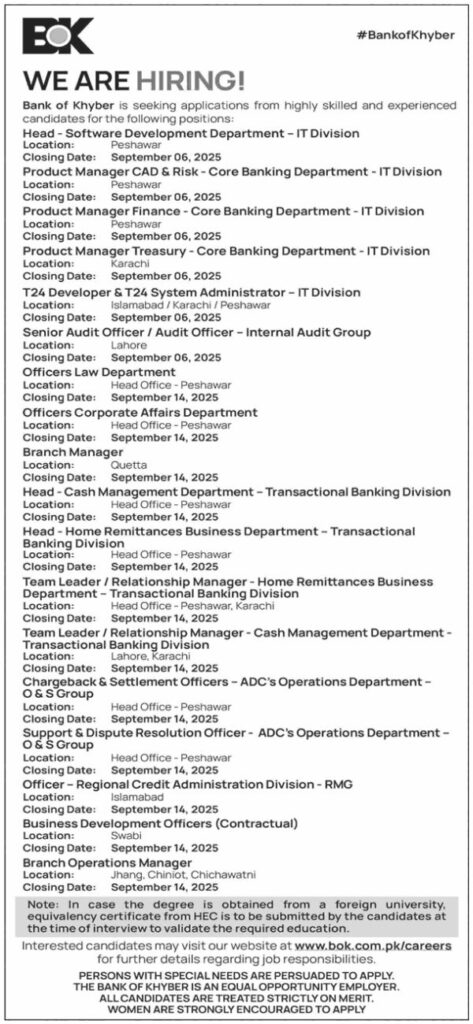 Bank of Khyber Jobs Advertisement