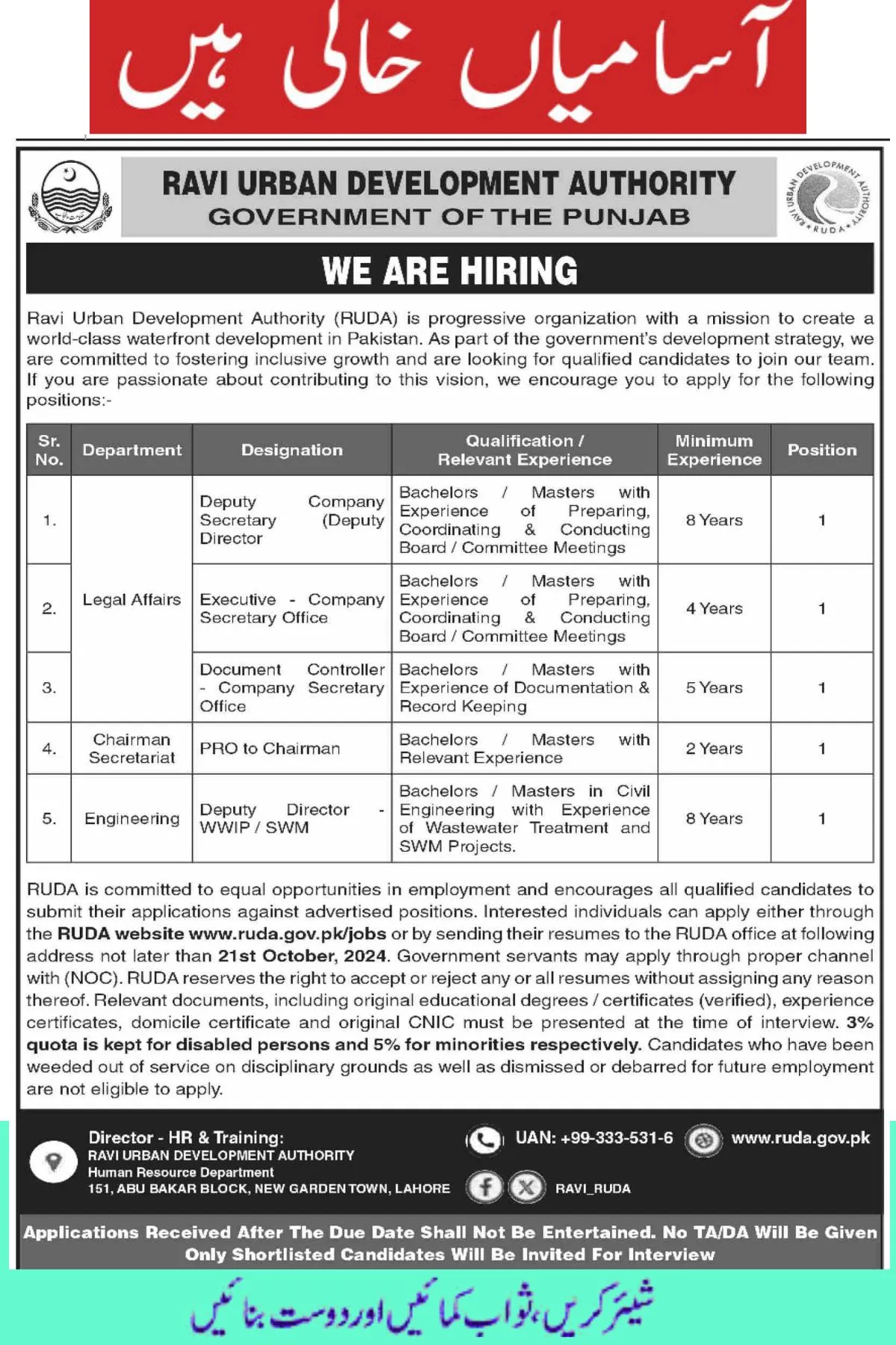 Ravi Urban Development Authority RUDA Jobs