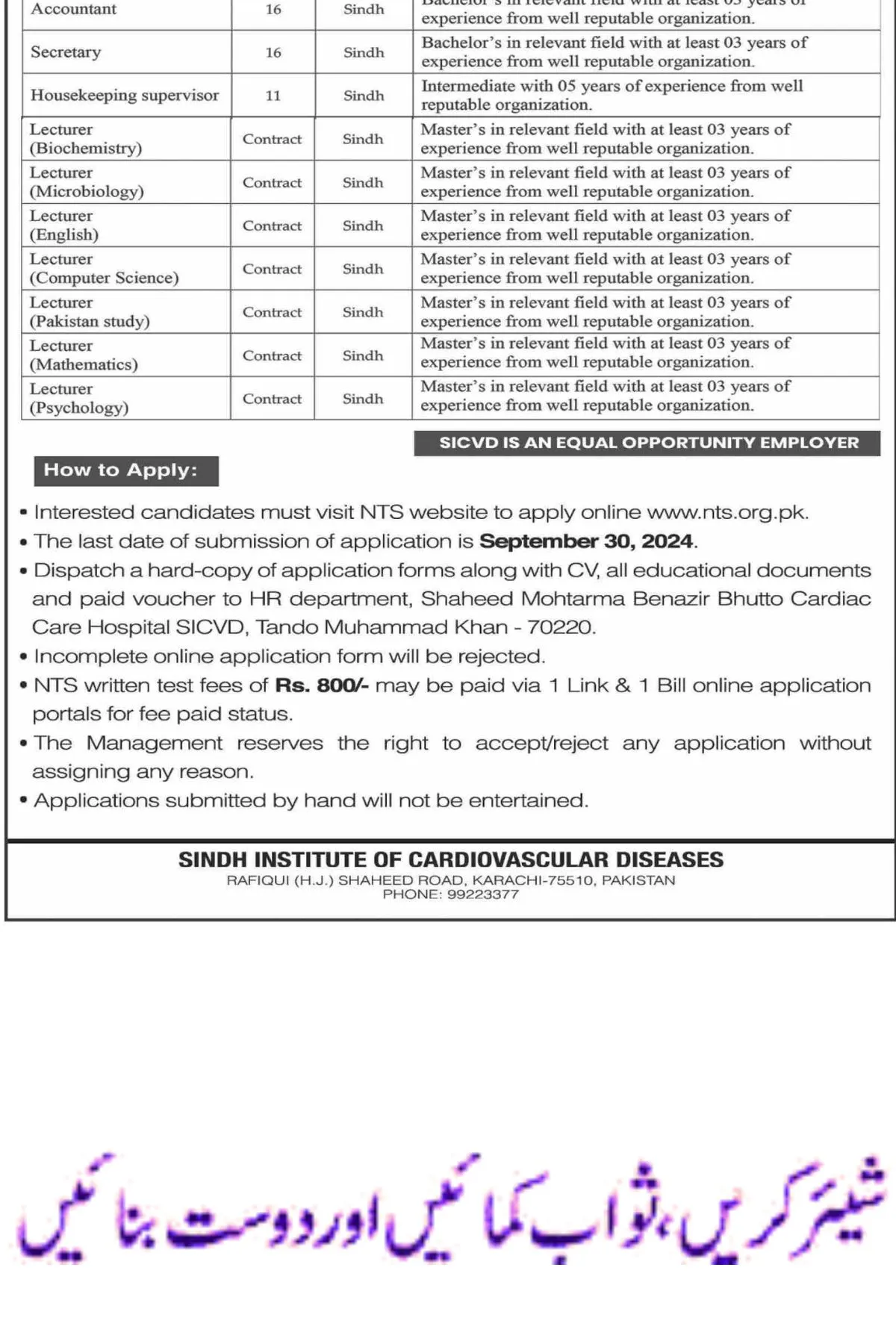 Sindh Institute of Cardiovascular Diseases SICVD Jobs