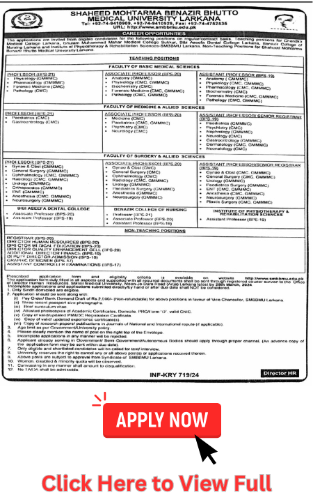 Shaheed Mohtarma Benazir Bhutto Medical University Jobs