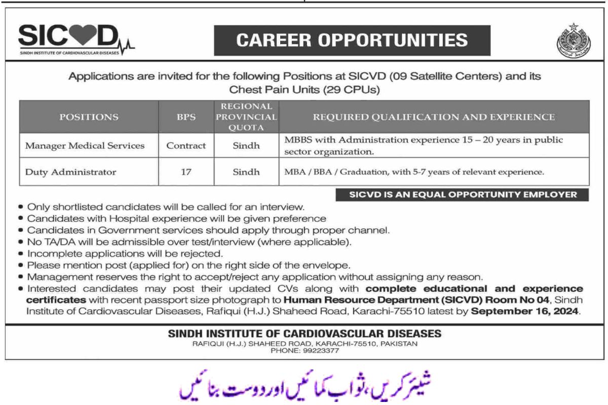 Sindh Institute of Cardiovascular Diseases SICVD Jobs