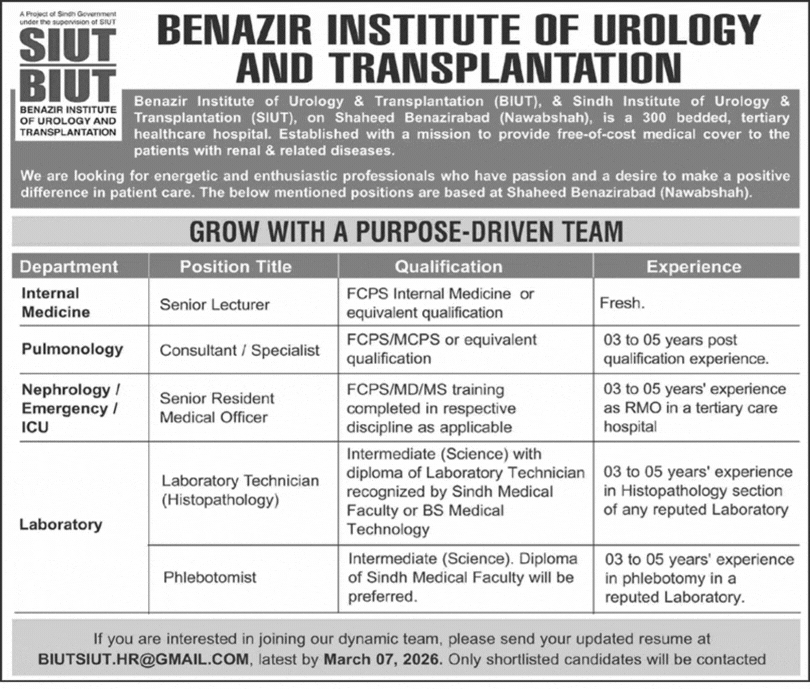 Latest SIUT Nawabshah Jobs & BIUT Sindh Institute of Urology & Transplantation February 2026