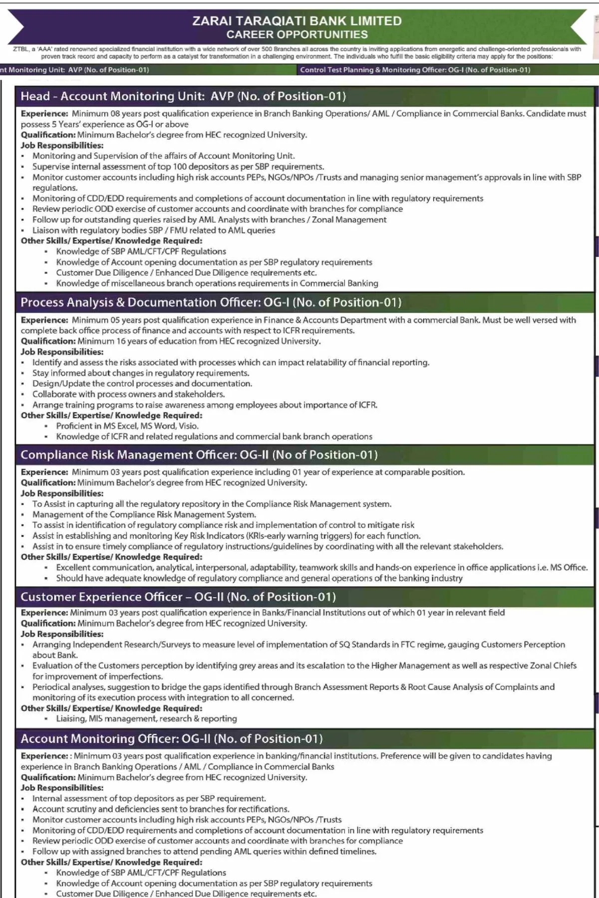 Latest Zarai Taraqiati Bank ZTBL Jobs