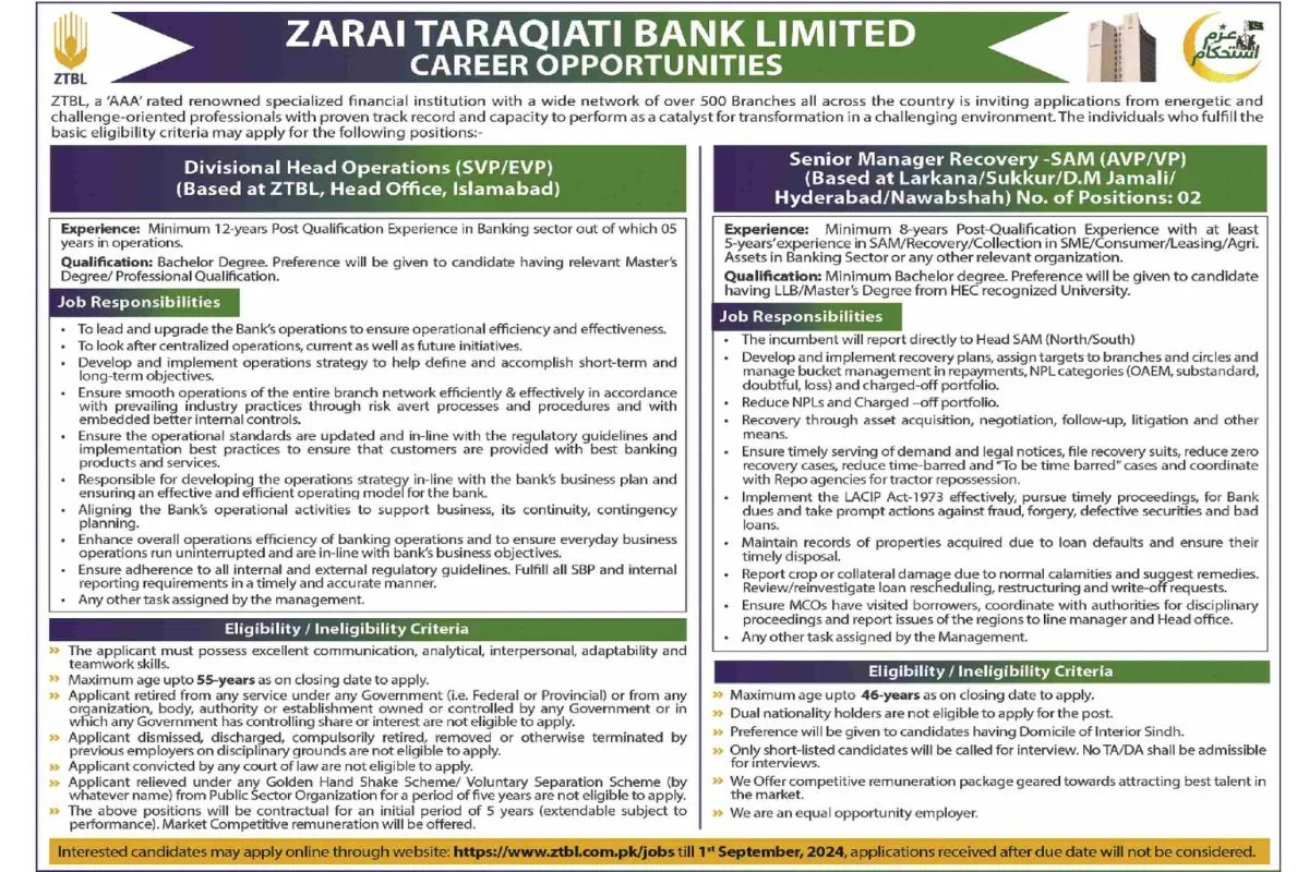 Zarai Taraqiati Bank ZTBL Jobs