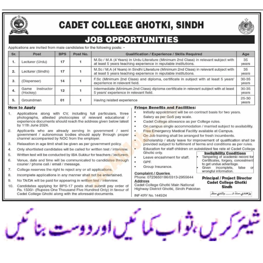 Cadet College Ghotki Jobs