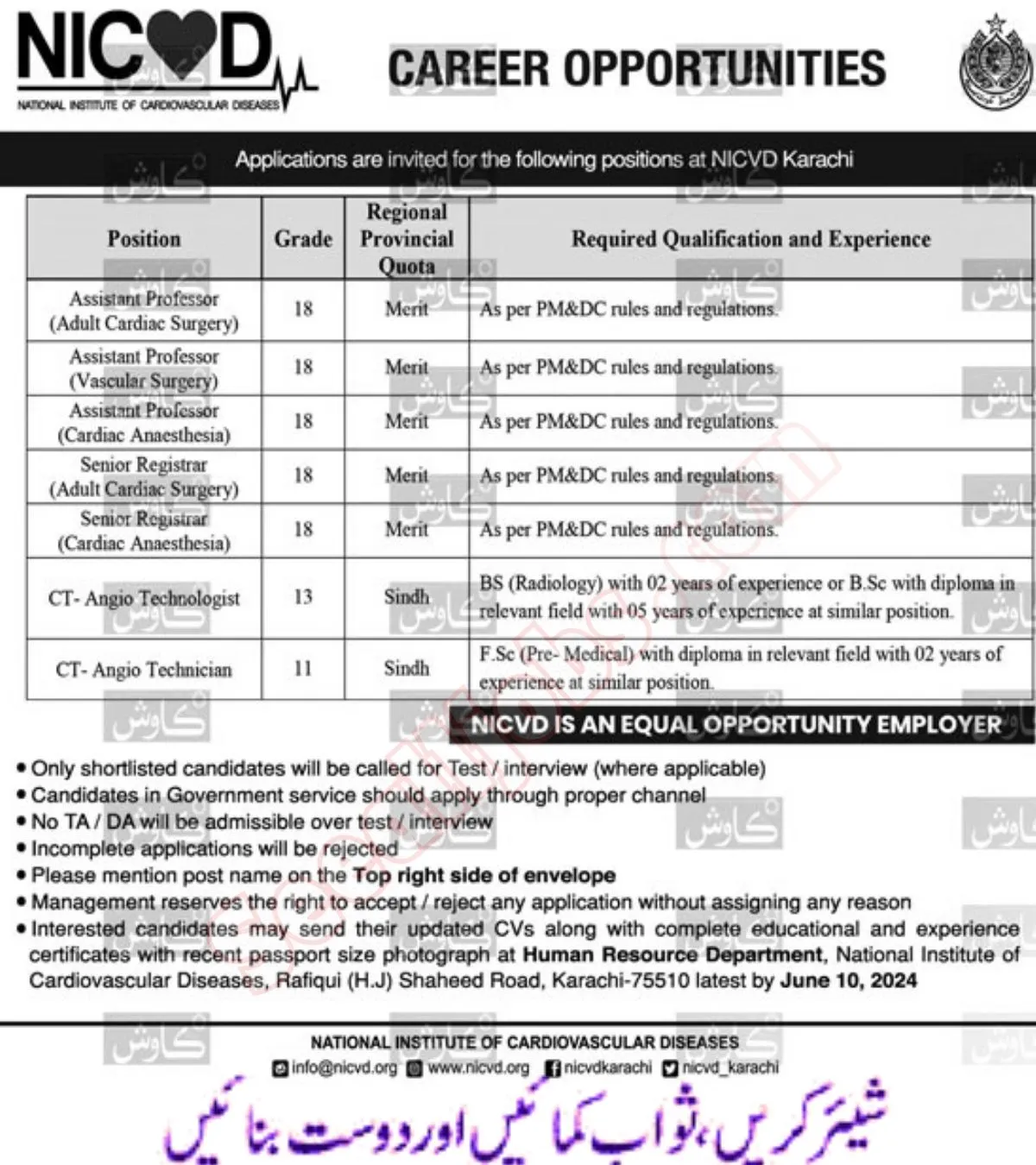 Latest National Institute of Cardiovascular Diseases NICVD Jobs