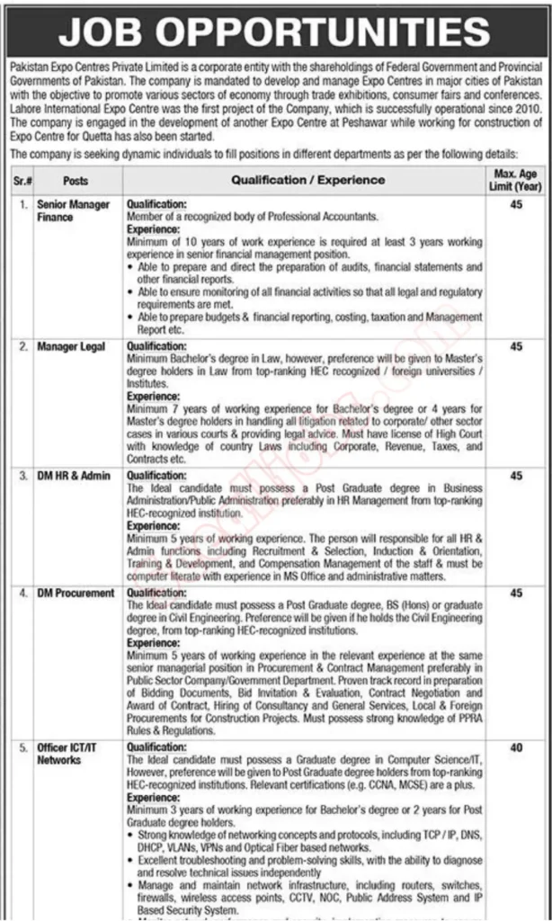 Pakistan Expo Centres Private Limited Jobs