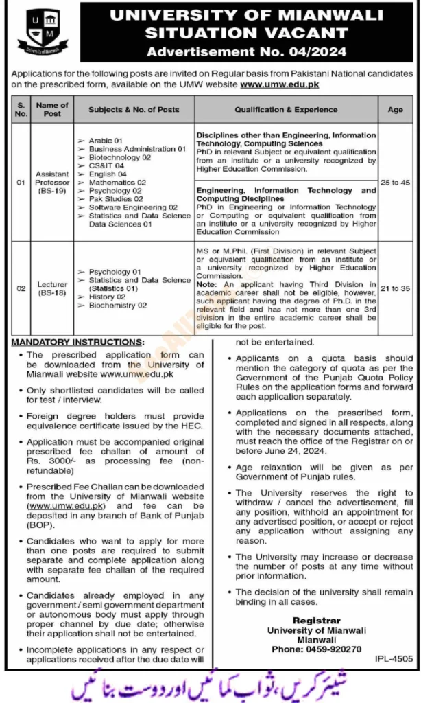 University of Mianwali Jobs