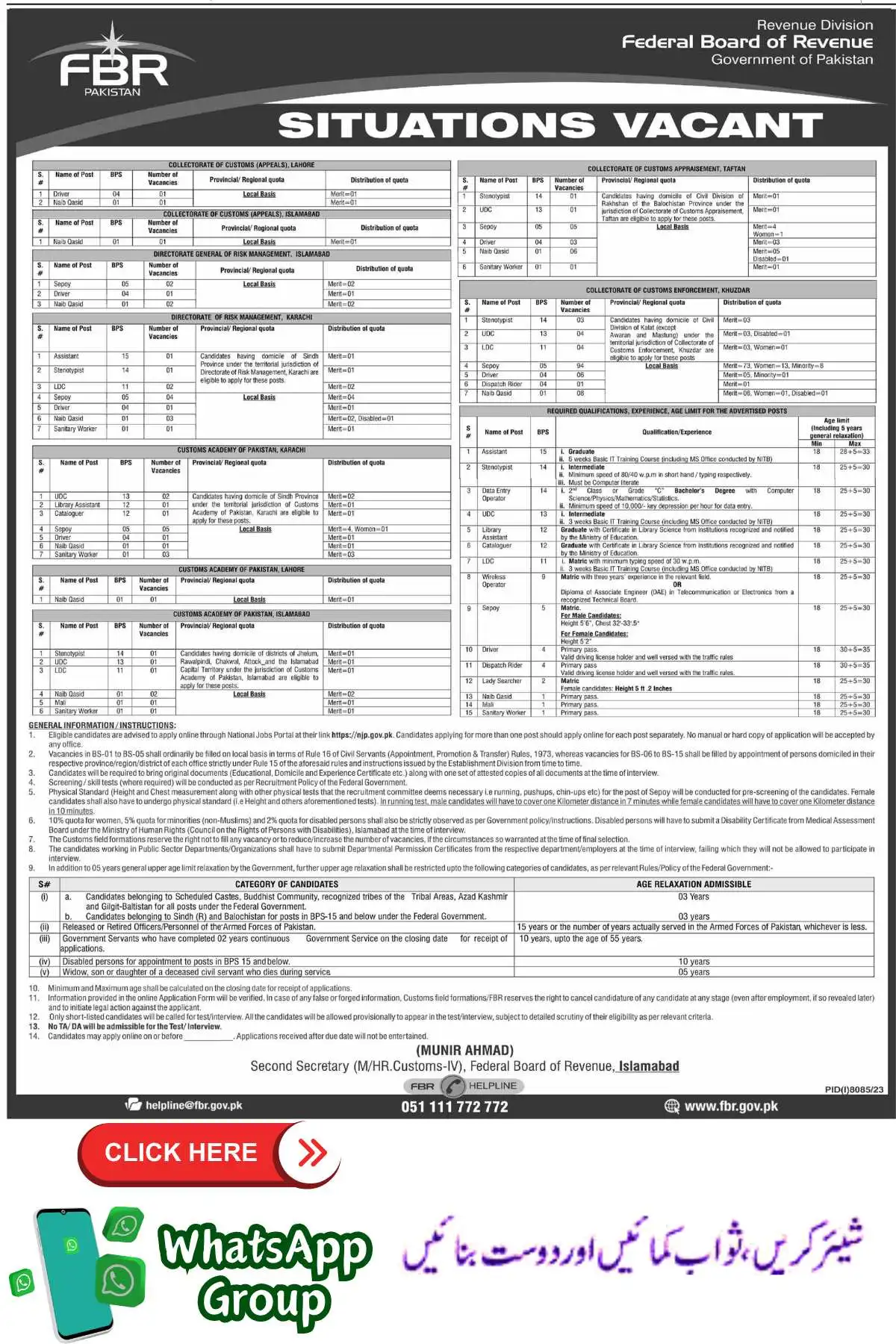 Federal Board of Revenue FBR Jobs Advertisement