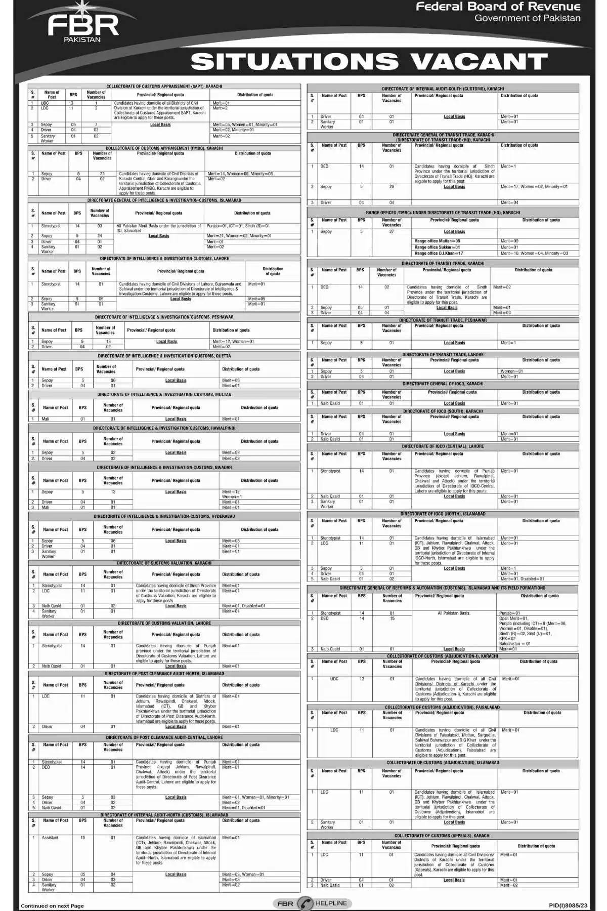 Federal Board of Revenue FBR Jobs Advertisement