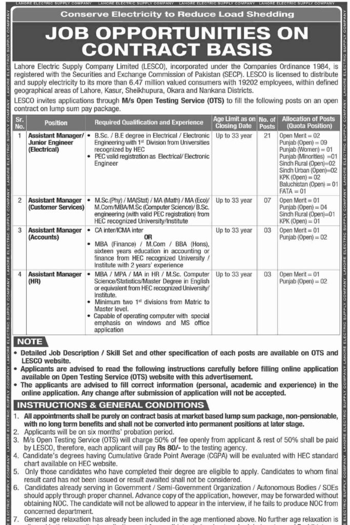 LESCO Jobs Advertisement