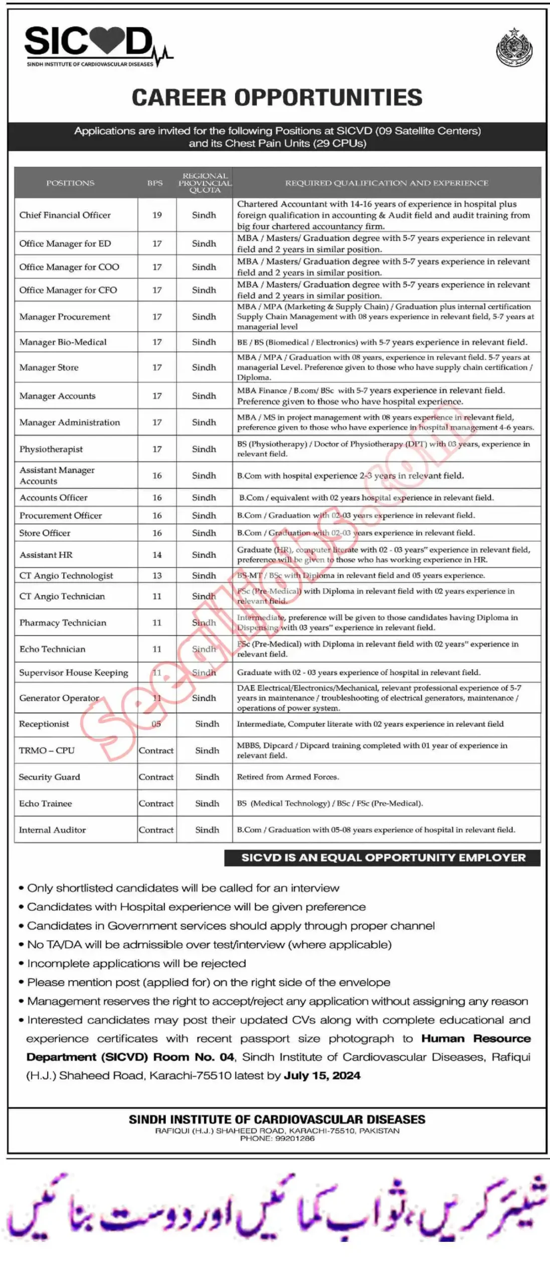 Latest Sindh Institute of Cardiovascular Diseases SICVD Jobs