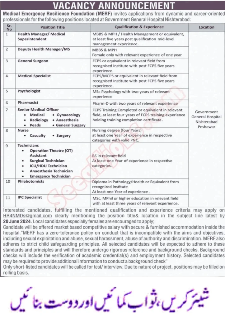 Medical Emergency Resilience Foundation MERF Jobs
