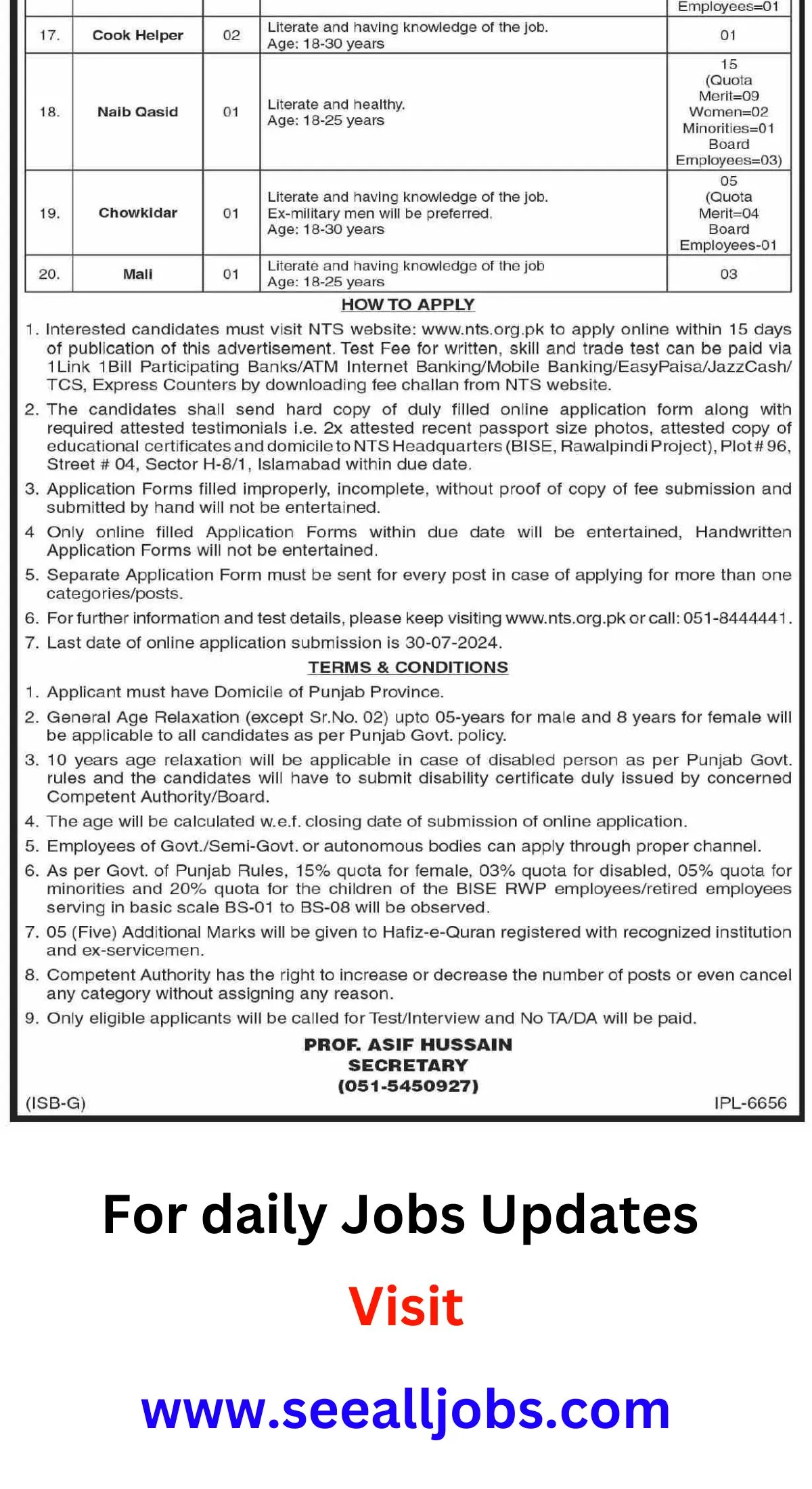 BISE Rawalpindi Jobs Advertisement 