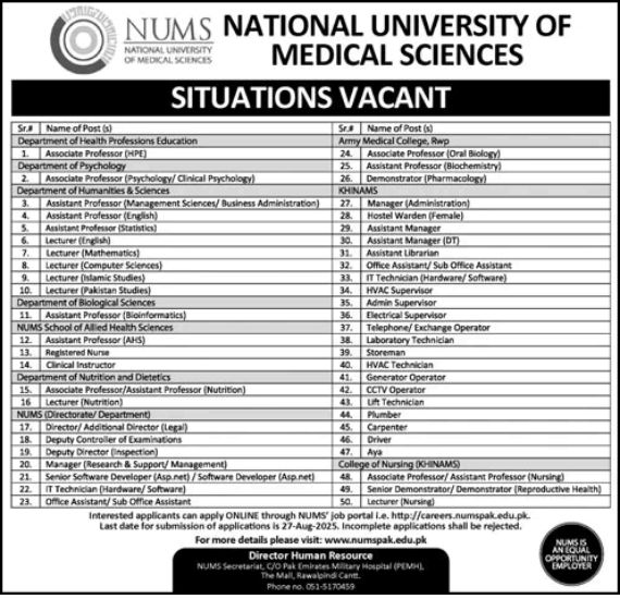 National University of Medical Sciences NUMS Jobs