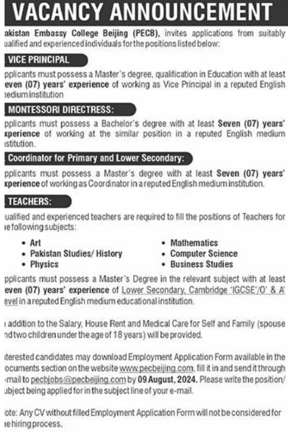 Pakistan Embassy College Beijing PECB Jobs