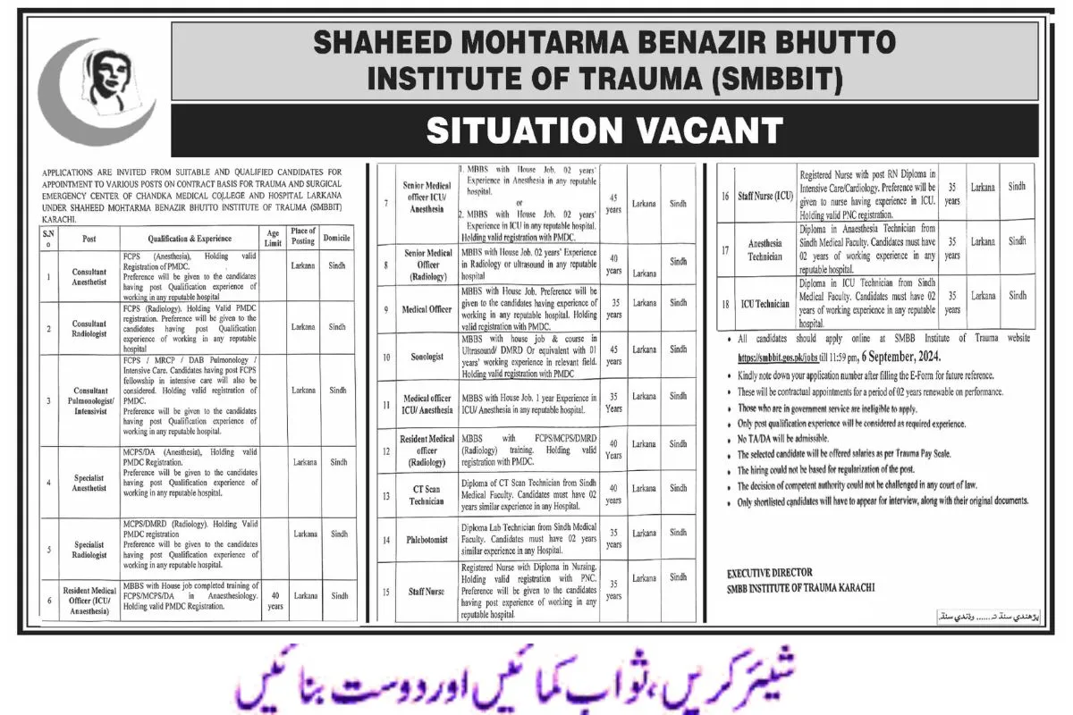 Shaheed Mohtarma Benazir Bhutto Institute of Trauma SMBBIT Jobs