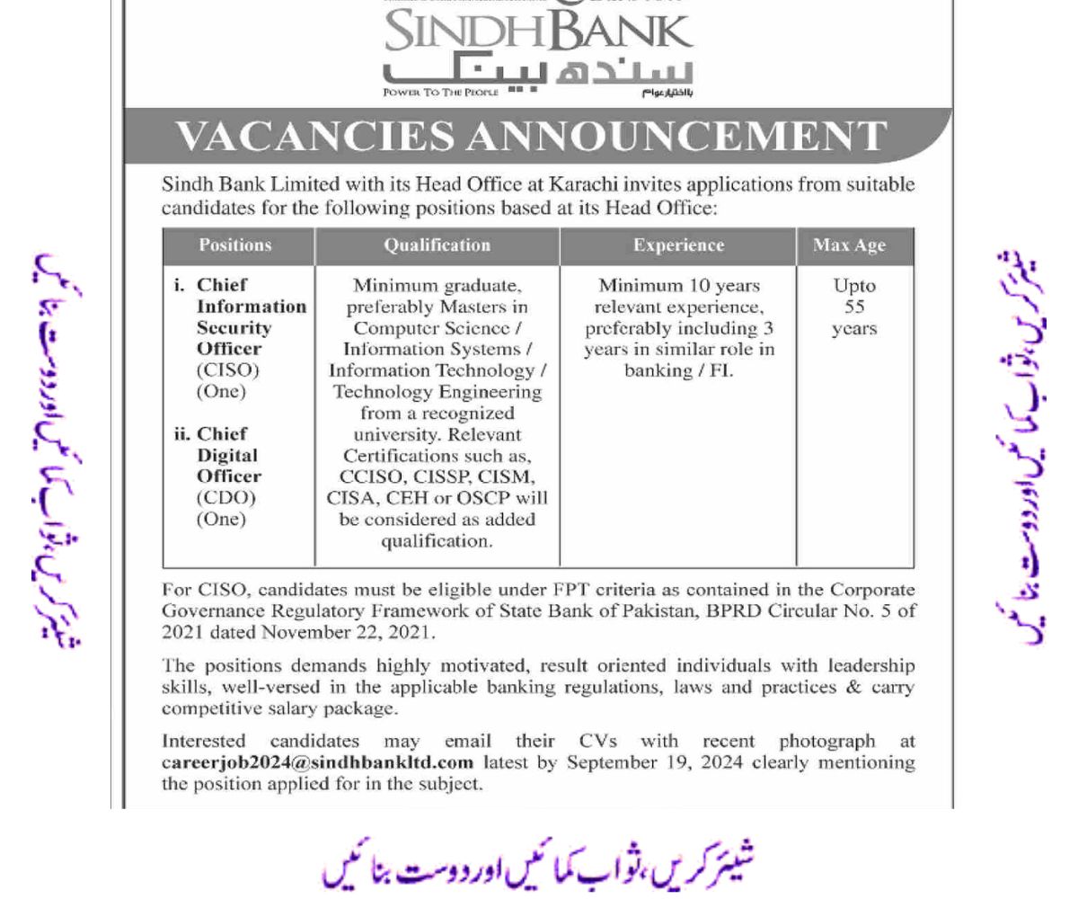 Sindh Bank Jobs Advertisements