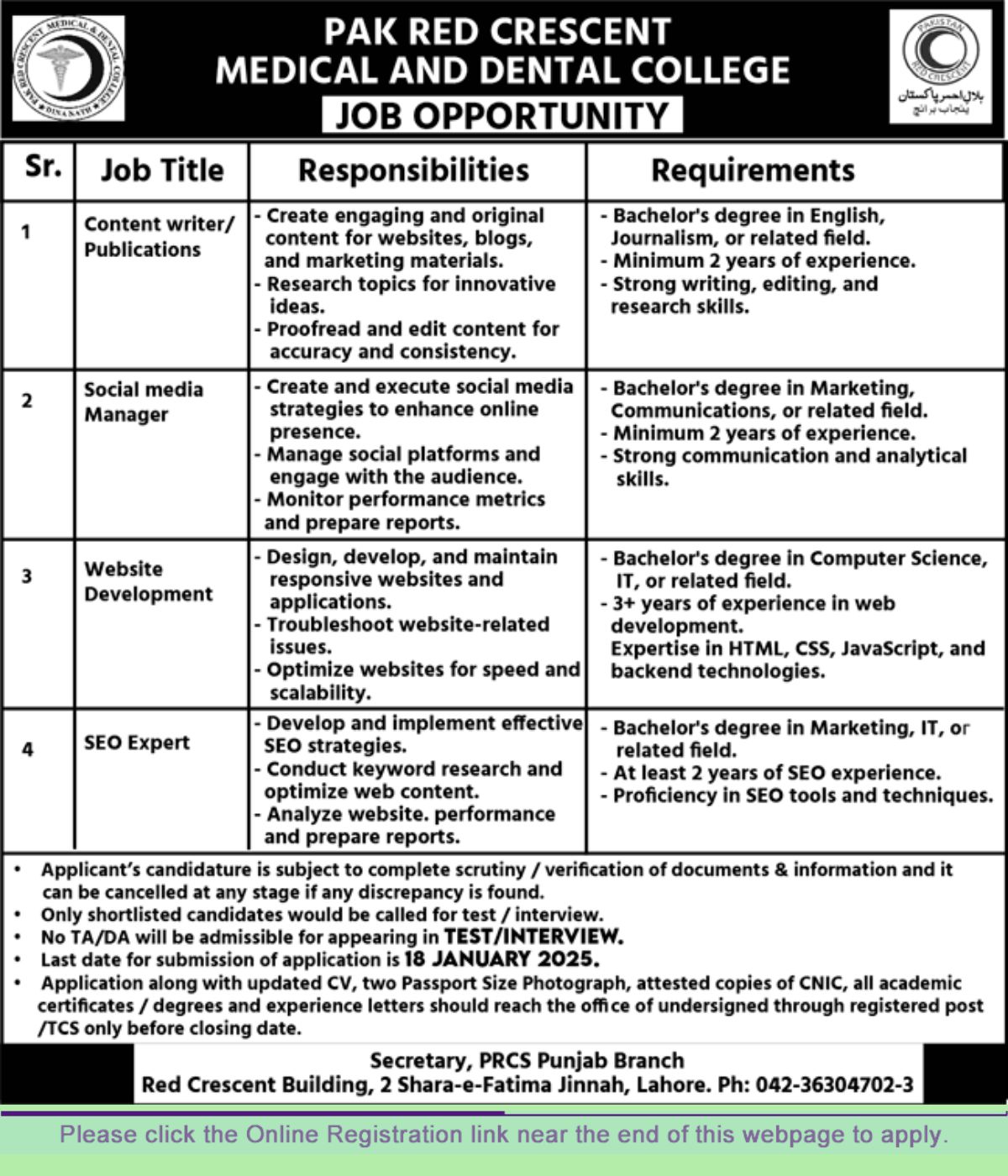 Pakistan Red Crescent Medical and Dental College Jobs