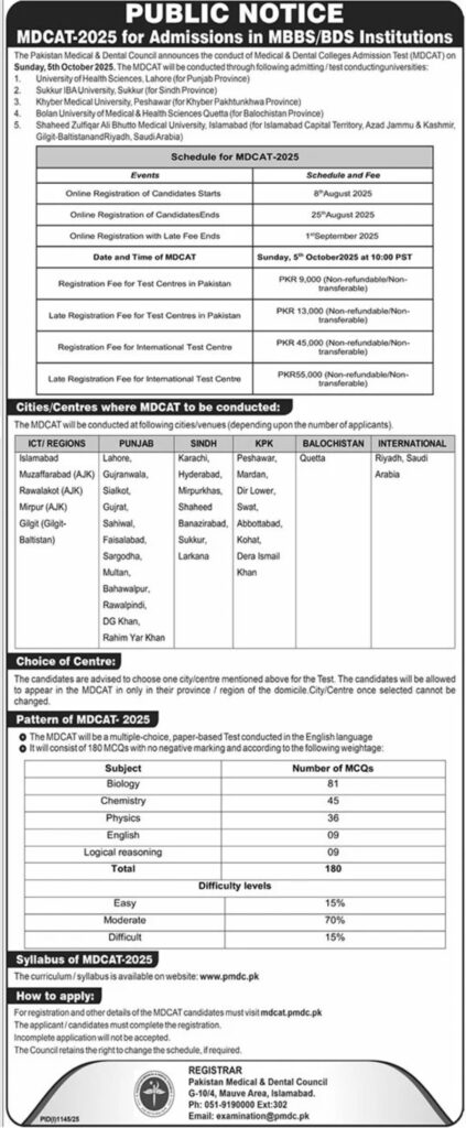 pmdc mdcat advertisement 2025