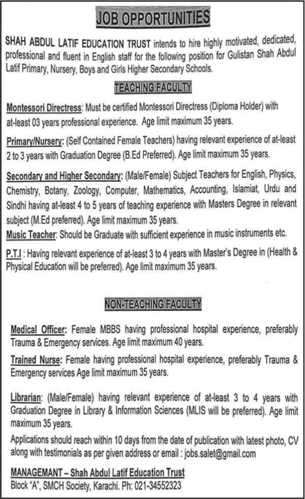 Jobs in Shah Abdul Latif Education Trust Karachi