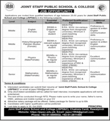 Latest Jobs in Joint Staff Public School and College Rawalpindi