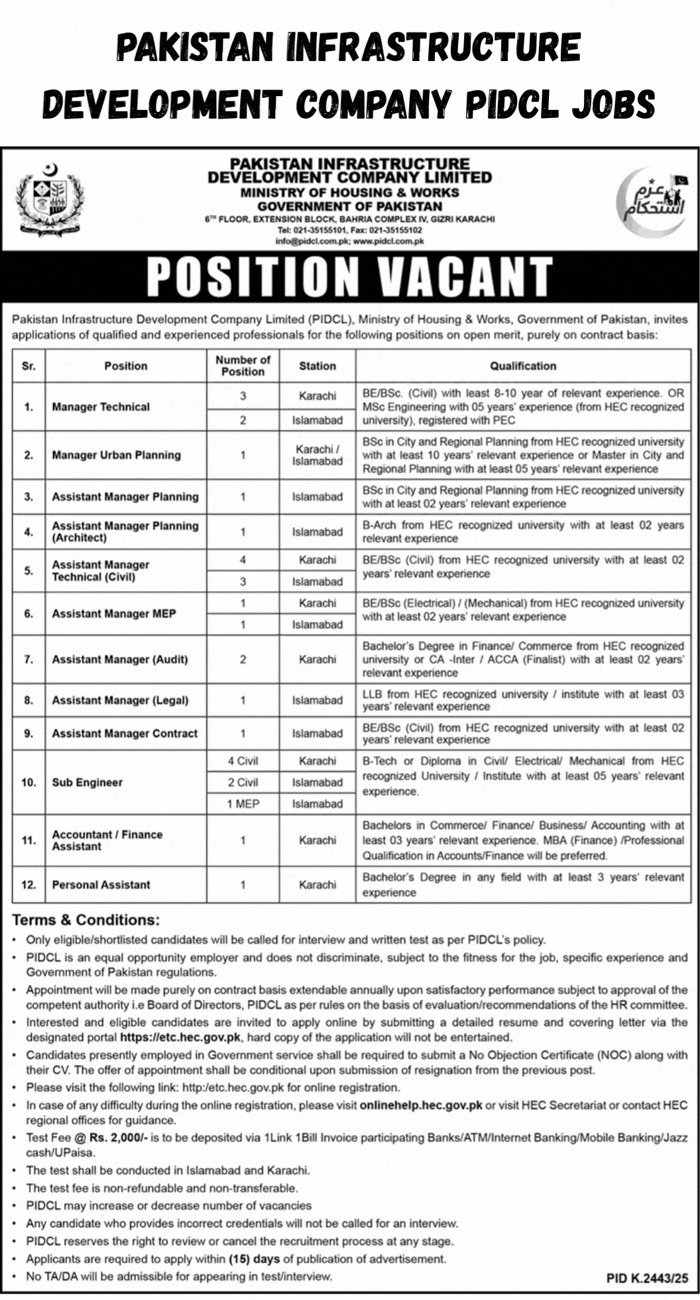 Pakistan Infrastructure Development Company Limited Job PIDCL Jobs Assistant Managers, Sub Engineers Latest 2026 Apply Online