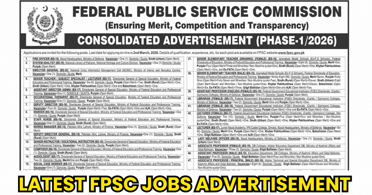 FPSC Jobs 2026 February Apply Online Consolidated Advertisement No 01/2026