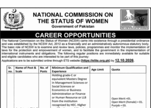 National Commission on the Status of Women Islamabad Jobs Advertisement September 2026
