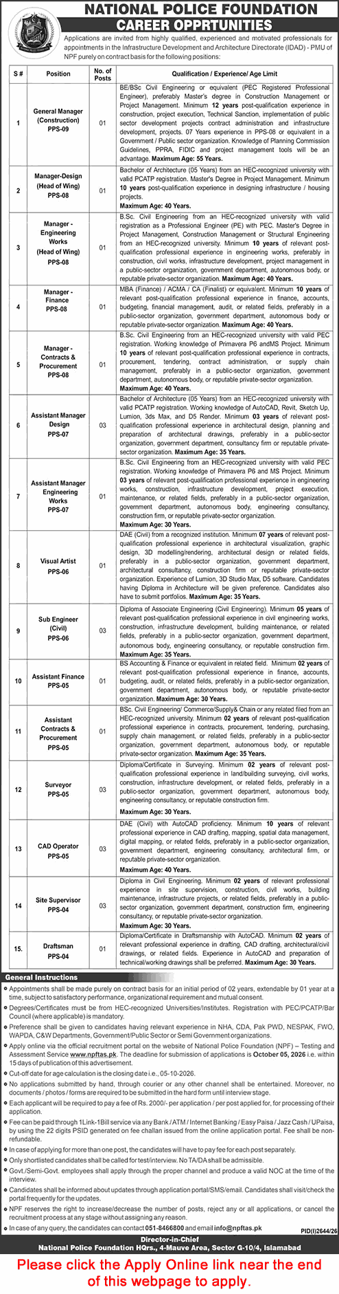 National Police Foundation Islamabad Jobs September 2026
