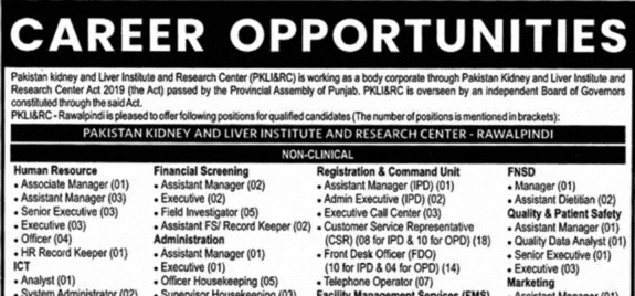 PKLI Rawalpindi Jobs September 2026 October Pakistan Kidney and Liver Institute and Research Center Advertisement