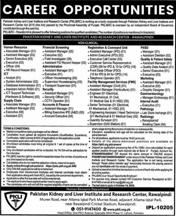 PKLI Rawalpindi Jobs September 2026 October Pakistan Kidney and Liver Institute and Research Center Advertisement