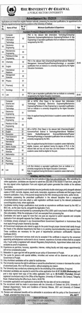 University of Chakwal Jobs Advertisement 2026 September