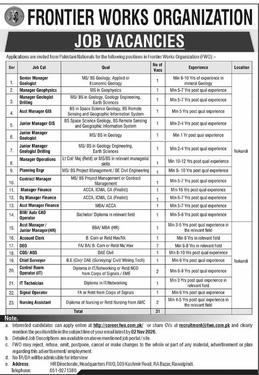 Frontier Works Organization FWO Jobs Advertisement October 2026